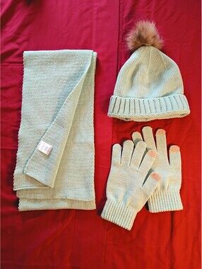 Serra Light Blue Knit Winter Set - Scarf, Beanie with Pom, and Gloves